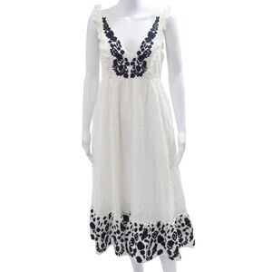 Allison Women A-Line Sundress White Cotton Floral V-Neck Button Short Size S